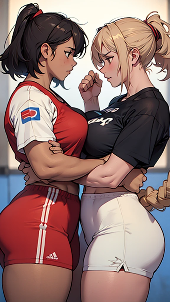 High detailed, 2 girls, sparring, looking to each other, sparring each-other, busty, training Clothes, strong body, matching anatomy, serious expression, sparring