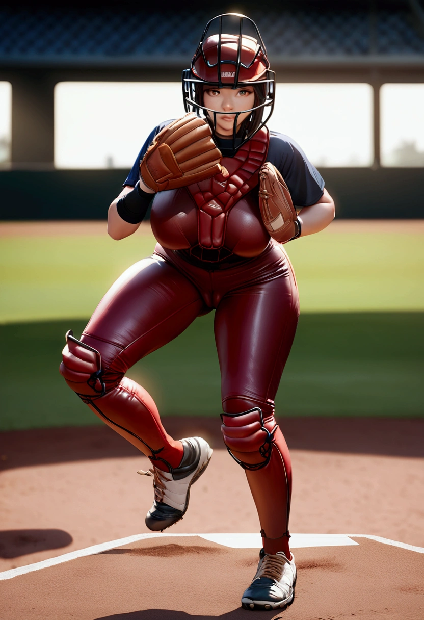 Female baseball catcher, huge breasts, BIG ASS, Baseball catcher's mask, detailed Catcher's mitt, detailed (Catcher's body protector:1.3), knee pad, leg protector, Catching posture, (detailed cameltoe:0.5), full body shot from front, baseball diamond background, cinematic lighting, masterpiece, accurate, anatomically correct, textured skin, high details, high quality, best quality, 