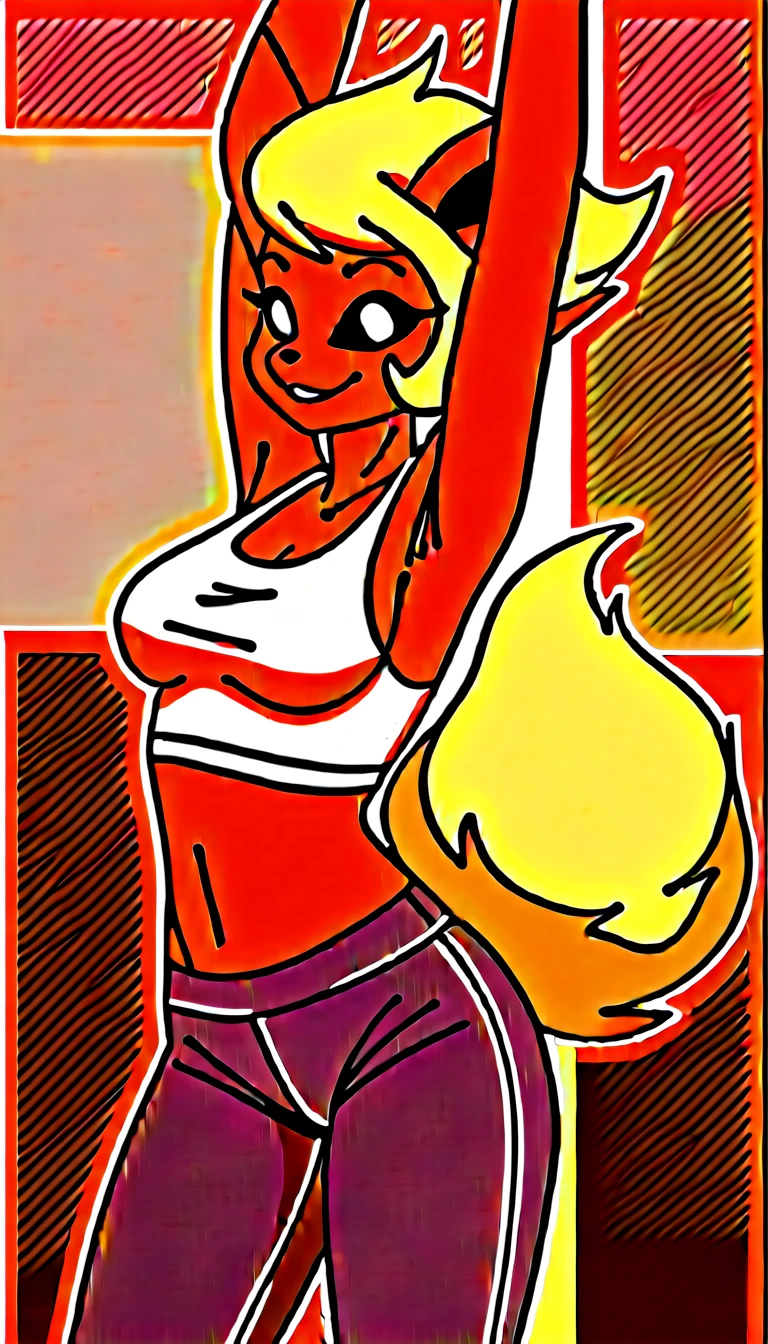 Excited expression, 1girl, anthro, furry, fur, fluffy fur, flareon girl, yellow hair (red highlights), black sclera, white eyes, pony tail hair, Messy hair, (19 years), medium breast, thicc thighs, solo, (gym), sunset, detailed, smug smile, sports top, sport pants, (sweating), (vapor), (arms stretching), score_9, score_8_up, score_7_up, score_6_up, score_5_up, score_4_up