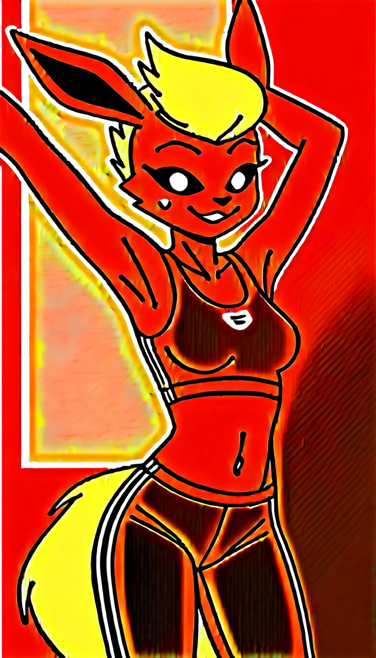 Excited expression, 1girl, anthro, furry, fur, fluffy fur, flareon girl, yellow hair (red highlights), black sclera, white eyes, pony tail hair, Messy hair, (19 years), medium breast, thicc thighs, solo, (gym), sunset, detailed, smug smile, sports top, sport pants, (sweating), (vapor), (arms stretching), score_9, score_8_up, score_7_up, score_6_up, score_5_up, score_4_up