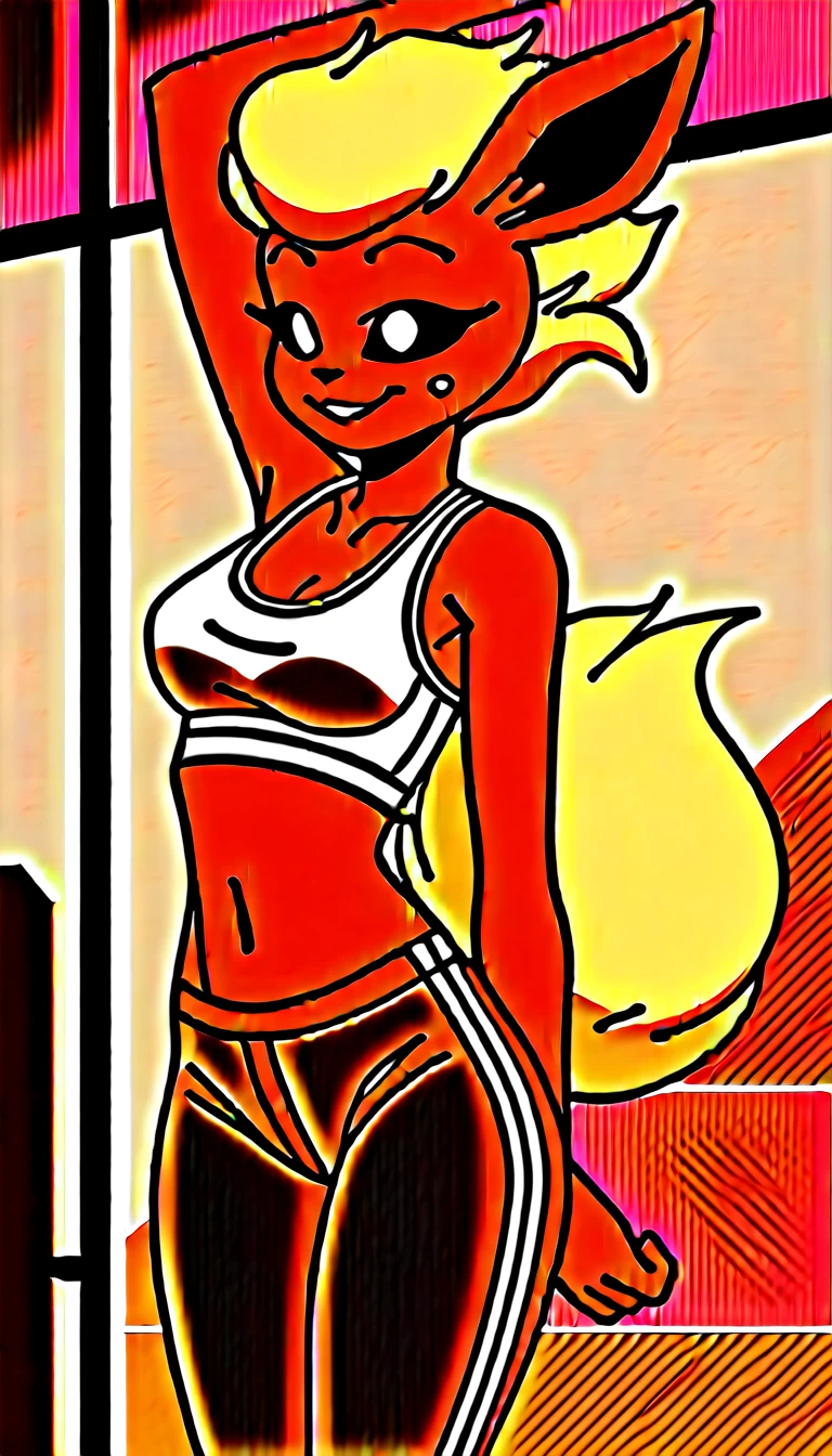 Excited expression, 1girl, anthro, furry, fur, fluffy fur, flareon girl, yellow hair (red highlights), black sclera, white eyes, pony tail hair, Messy hair, (19 years), medium breast, thicc thighs, solo, (gym), sunset, detailed, smug smile, sports top, sport pants, (sweating), (vapor), (arms stretching), score_9, score_8_up, score_7_up, score_6_up, score_5_up, score_4_up