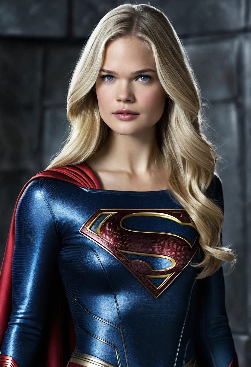 (((Gabriella Wilde under the mantle of the Kryptonian Kara zor-The alias Supergirl Suit Man Of Steel Movie front images color images Splash Front Images Suit Man Of Steel Movie))),(((long blonde hair))),(((Gabriella Wilde Supergirl )))
