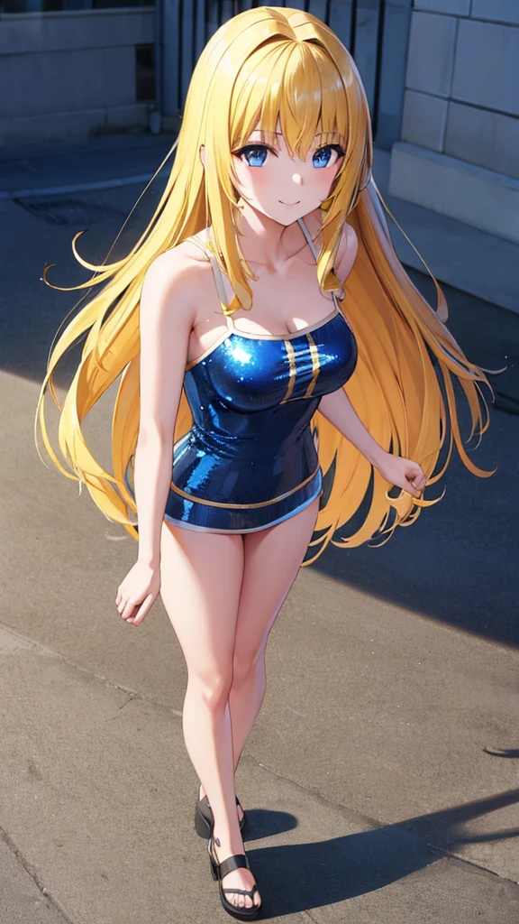 (masterpiece:1.3), (best quality:1.1), (8k, ultra detailed, ultra high res:1.2), ((anime style)), perfect 5 fingers, perfect anatomy,
1girl,
BREAK long hair, wavy hair,
(blonde hair),
(blue eyes),
medium breasts, camisole, (Sequins:1.2),
BREAK smile,
(looking up),
full body, medium wide shot,
white background,