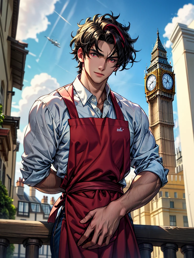 man, 32 years, mostly black hair with wine red highlights, semi marked jaw, noticeable muscles, well-formed pectorals, both eyes amber, wearing an elegant suit with a medical large apron , I would be looking out of a balcony of a building and in the background I would see a clock tower like the Big Bang in London., well drawn hands, well drawn body.