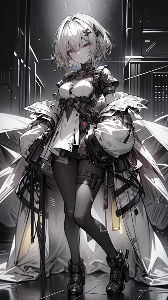1 girl, short yellow hair, cyberpunk, Alice in Wonderland, black high heels, hand in pocket, best quality, 4k, 8k, highres, masterpiece:1.2, ultra-detailed, realistic, photorealistic, photo-realistic:1.37, HDR, UHD, studio lighting, ultra-fine painting, sharp focus, physically-based rendering, extreme detail description, professional, vivid colors, bokeh, concept art