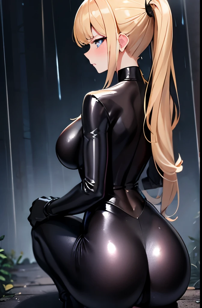 Blonde,ponytail,Black tight suit,blue eyes,Large Breasts,Slender,Serious face,blush,rain,forest,night,Backwards,back,Butt,Asian Squat