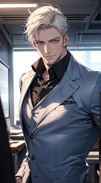 (best quality, masterpiece, 8K, photorealistic, cinematic lighting, hdr image, ultra detailed, beautiful image), 1 man, 31 years old, mature man, very handsome, (without expression, smile), short white hair, blue eyes ( penetrating gaze), perfect face without errors, imposing posture, without errors, businessman, office background