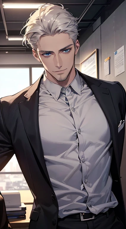 (best quality, masterpiece, 8K, photorealistic, cinematic lighting, hdr image, ultra detailed, beautiful image), 1 man, 31 years old, mature man, very handsome, (without expression, smile), short white hair, blue eyes ( penetrating gaze), perfect face without errors, imposing posture, without errors, businessman, office background