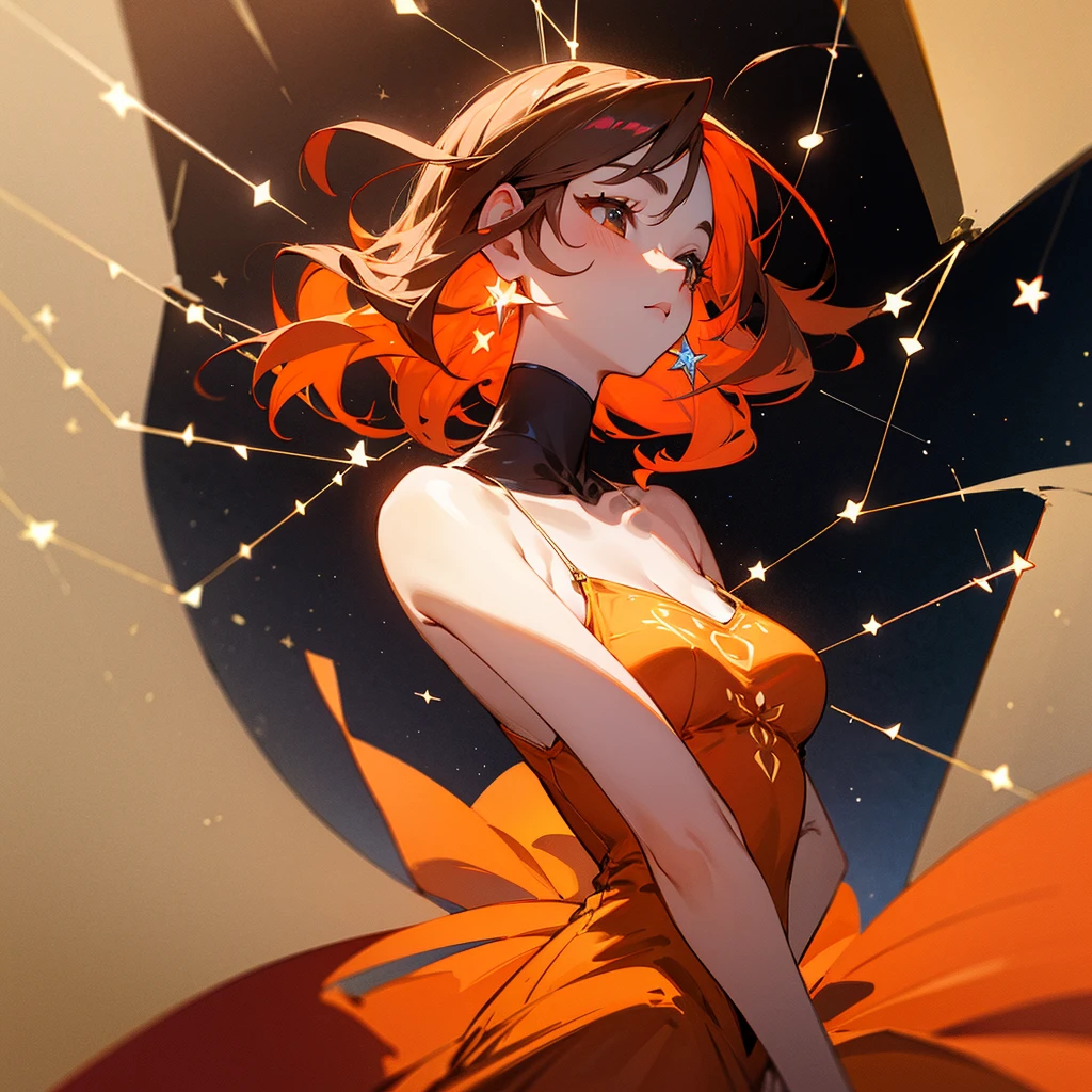 high resolution、Constellation motif、Cancer Girl、red、orange、She is wearing a one-piece dress。Fantasy、beautiful、cute。Pop。
