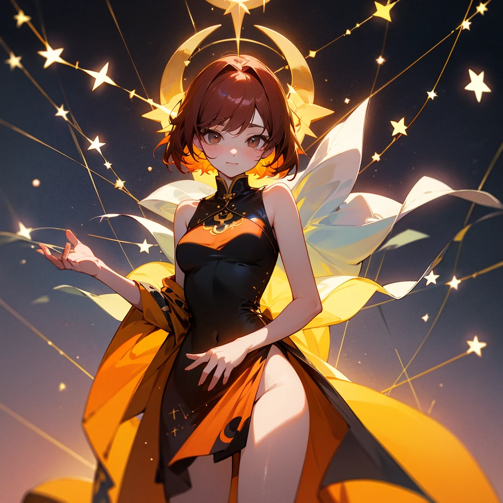 high resolution、Constellation motif、Cancer Girl、red、orange、She is wearing a one-piece dress。Fantasy、beautiful、cute。Pop。