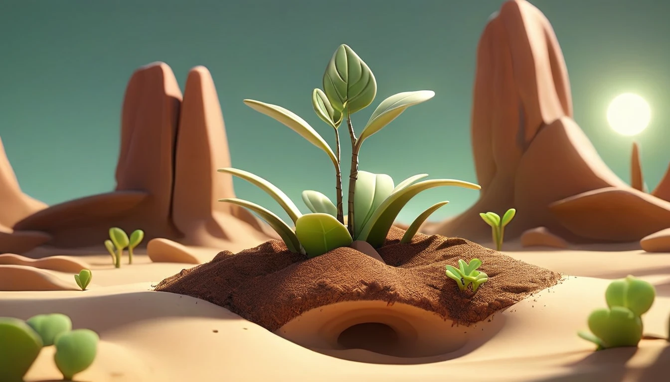 A stunning 3D scene,Oasis land in the desert,There is a seedling of a plant in the soil,Seedlings glow green,There is light radiating outward from the seedling