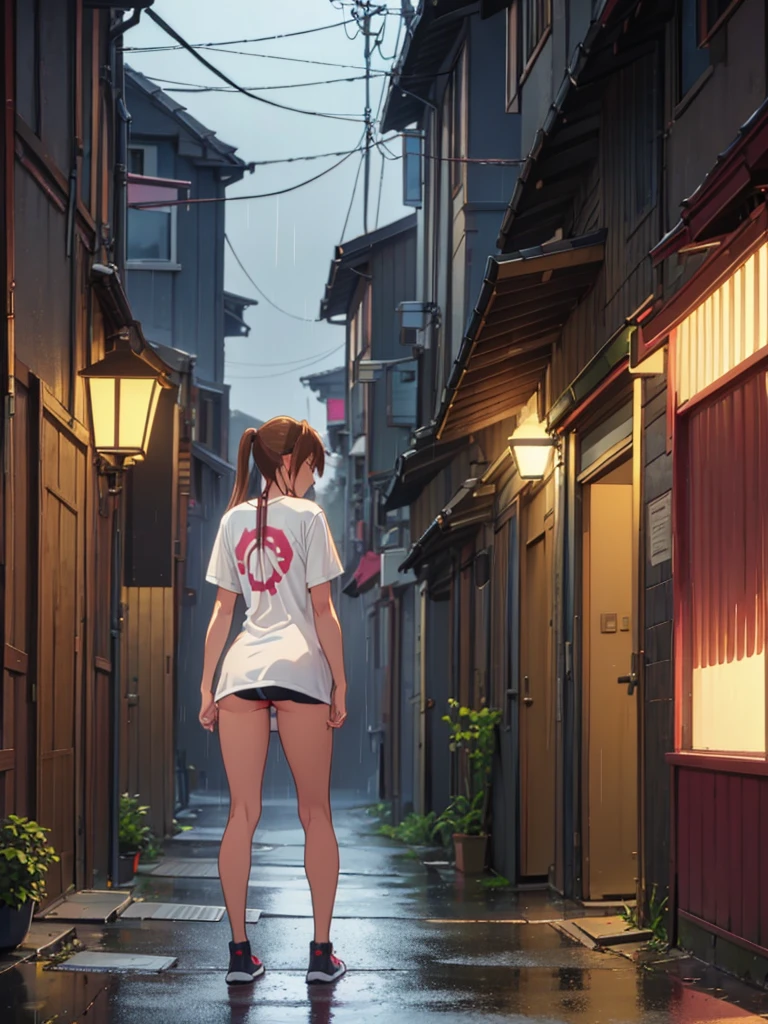Girl, thong ,t-shirt, No pants, Bare breasts, chest visible, street background, Narrow passage between houses, night, rain, slim body, In full growth, Sneakers , small breast, Stands with his back