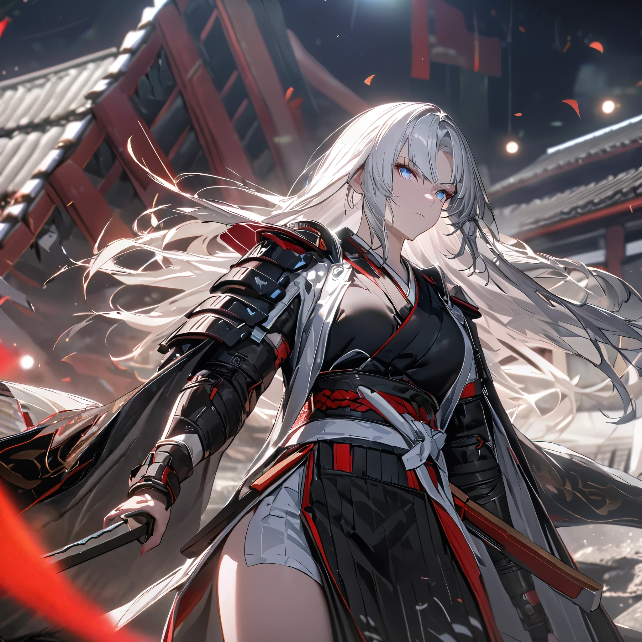 A woman wearing a black samurai kimono with white details, samurai shoulder pads, holding a red odachi, odachi without sheath, standing, white hair, long hair, red and blue eyes, multicolored eyes, serious face, big breast, on a concrete platform, scene in Japanese aesthetics,,UHD , prime work , accurate , anatomically correct , textured skin , super details , high quality , best quality, 8k, high resolution, bokeh effect. (woman alone), close view.
