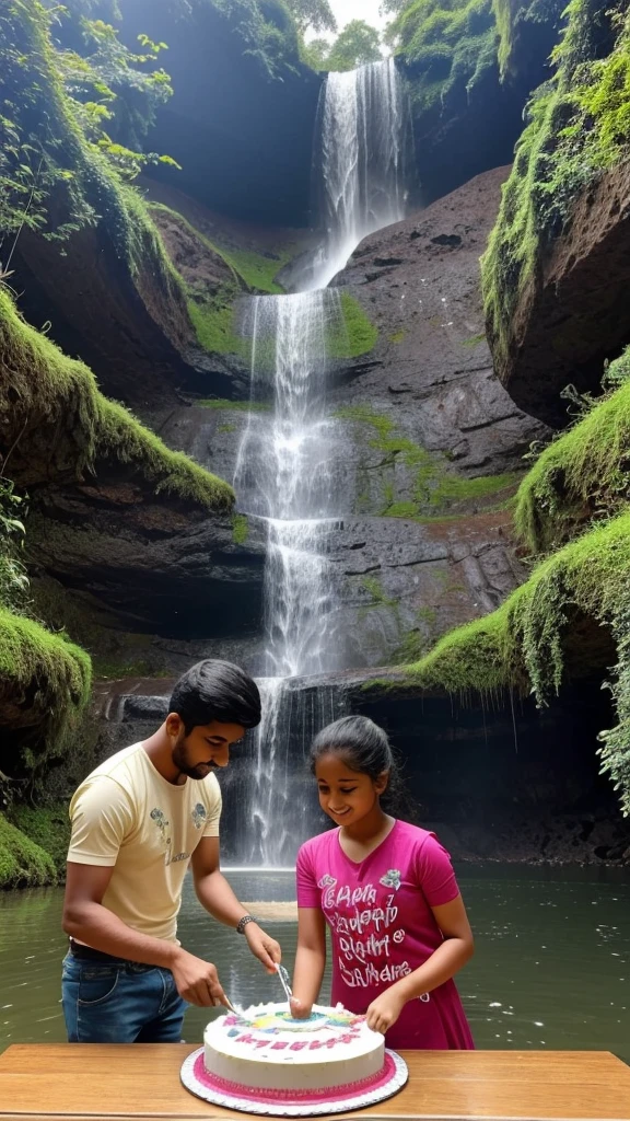 A man the name is Sagar his small sister architha, his small sister celebrating brother's birthday by cutting cake, the background is in the Nature full of waterfall, they warning teashirts print brother name is Sagar sister name is Architha, upon the cake write happy birthday Sagar