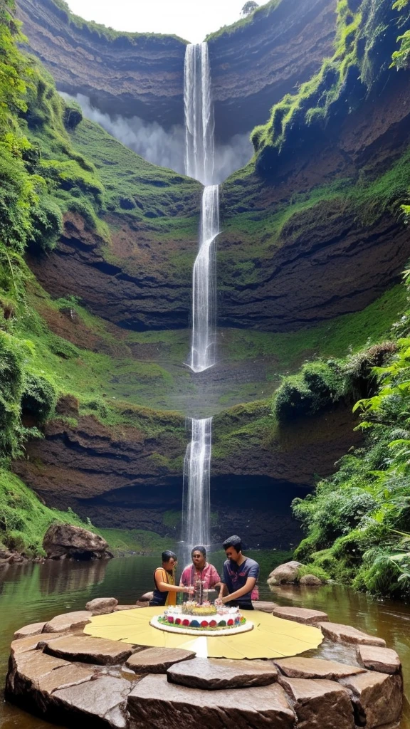 A man the name is Sagar his small sister architha, his small sister celebrating brother's birthday by cutting cake, the background is in the Nature full of waterfall, they warning teashirts print brother name is Sagar sister name is Architha, upon the cake write happy birthday Sagar