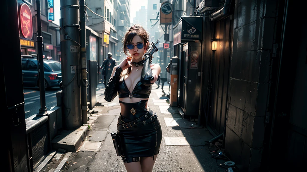 (masterpiece:1.1), hi-res, 4k, photorealistic, ((aerial view cyberpunk city)), at dark night. (((((1girl, solo, alone))))), large-breast:1.1 slim body, cleavage:1.1, sexy clothes, (headphone, black sunglasses), (((standing and holding pistol pose))), half-body thigh level medium shot, cinematic lighting, lens flare, ray tracing.