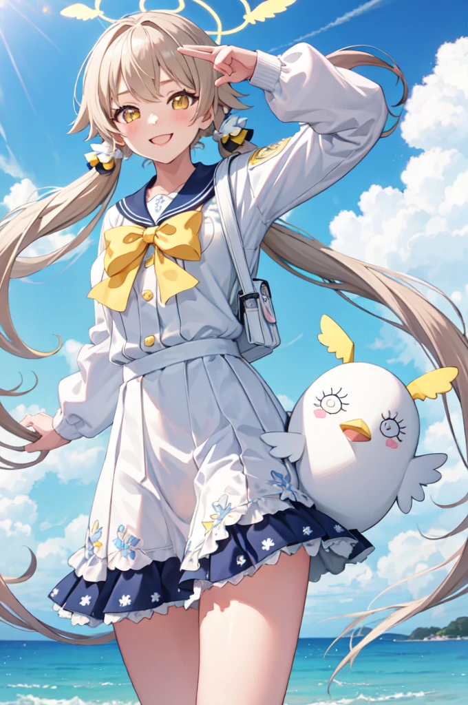 masterpiece, best quality, 1 girl, hifumidef, holding peroro doll with hands, smiling