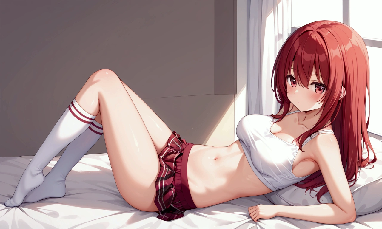 1girl, red hair, , no shoes, thighsocks, navel, midriff, 