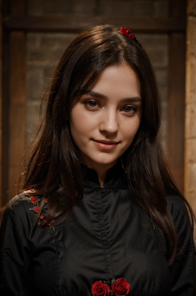 create a 32 year old medieval queen, wearing black and red clothes, sweet smile, pretty, long dark brown hair, eyes black, symbol of a rose on your clothes, She does NOT look like a 19 year old girl