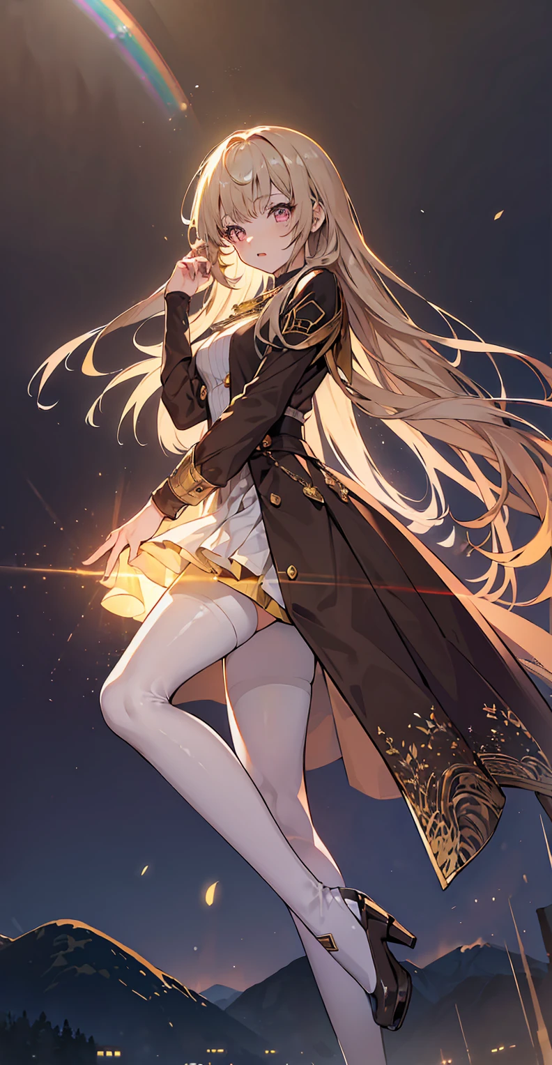 girl, Light brown long hair, Big pink eyes, Otome Kei, Beige pantyhose, Long legs，Platform heeled boots, Perfect skin, A perfect face, The most beautiful thing, super Beautifully, {Extremely detailed 8k CG unit wallpaper}, Wide-ranging landscape photography, (Watch from below，Focus on character and setting), (Broader horizons), (Low angle shot), (emphasize: 1.2), (Low light: 1.5), (Warm light source: 1.6), Intricate details, (Rainbow Colors: 1.2), (Bright Lights), (Atmospheric lighting), Dreamy, magic, Beautifully