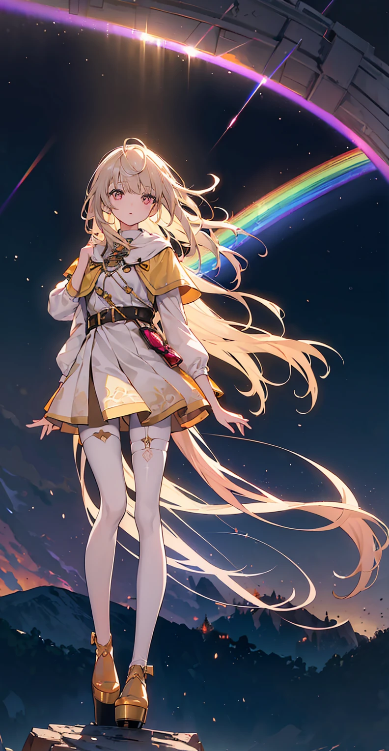 girl, Light brown long hair, Big pink eyes, Otome Kei, Beige pantyhose, Long legs，Platform heeled boots, Perfect skin, A perfect face, The most beautiful thing, super Beautifully, {Extremely detailed 8k CG unit wallpaper}, Wide-ranging landscape photography, (Watch from below，Focus on character and setting), (Broader horizons), (Low angle shot), (emphasize: 1.2), (Low light: 1.5), (Warm light source: 1.6), Intricate details, (Rainbow Colors: 1.2), (Bright Lights), (Atmospheric lighting), Dreamy, magic, Beautifully
