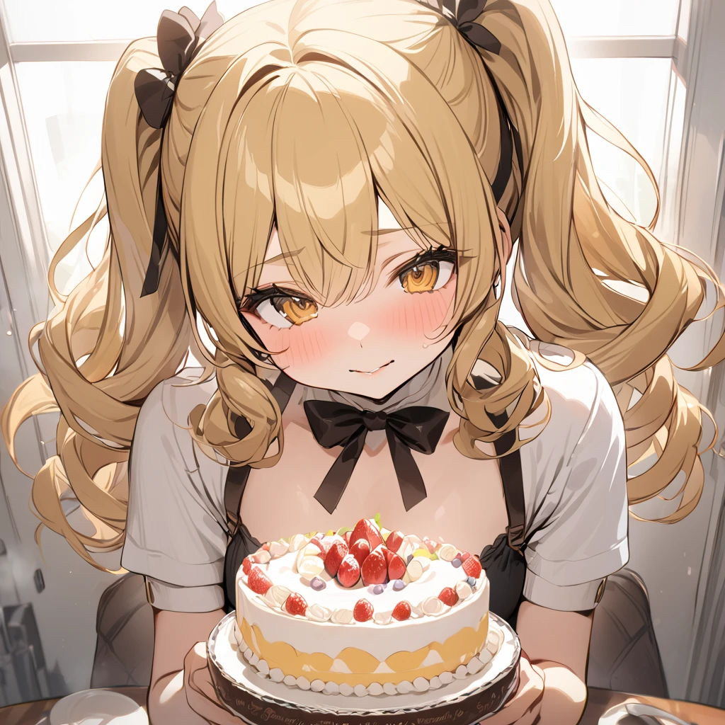 Highest quality, masterpiece, Tomomi,Blonde, Twin tails, Curly Hair, Yellow Eyes, cute, Have a cake