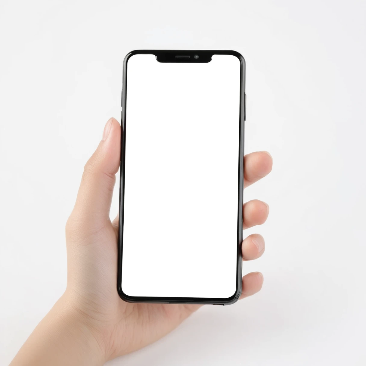 A woman's hand holds a smartphone with a blank, black screen against a stark white background. The focus is on the phone, and for advertising purposes, this image is used to highlight the device itself.
