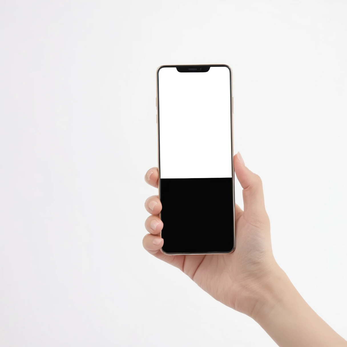 A woman's hand holds a smartphone with a blank, black screen against a stark white background. The focus is on the phone, and for advertising purposes, this image is used to highlight the device itself.
