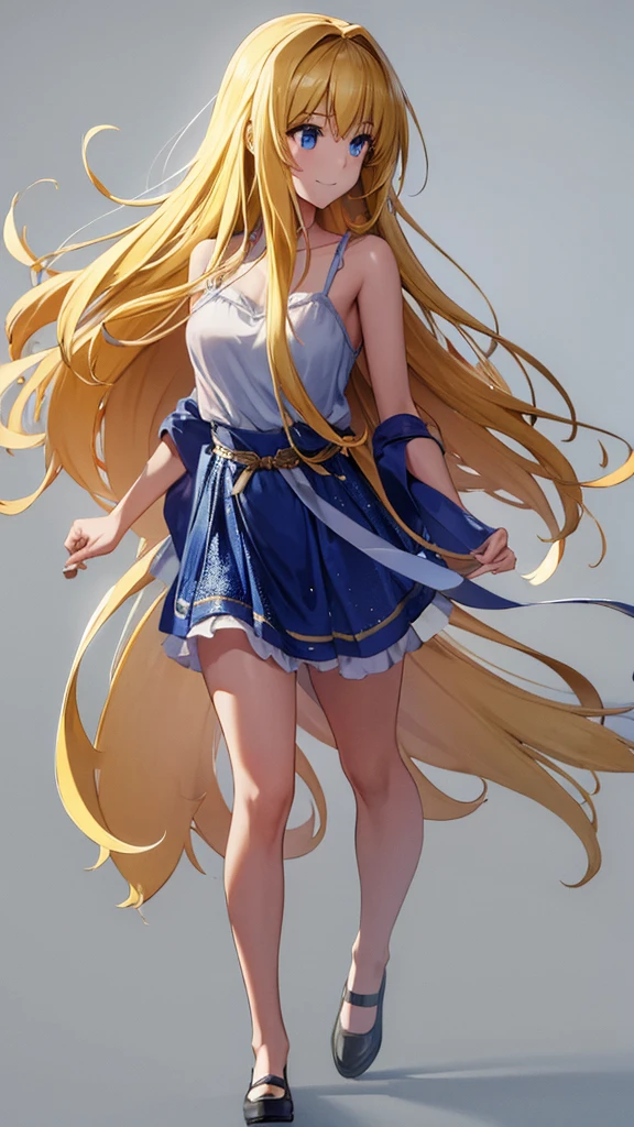 (masterpiece:1.3), (best quality:1.1), (8k, ultra detailed, ultra high res:1.2), ((anime style)), perfect 5 fingers, perfect anatomy,
1girl,
BREAK long hair, wavy hair,
(blonde hair),
(blue eyes),
medium breasts, camisole, (Sequins:1.2),
BREAK smile,
(looking away:1.2),
full body, medium wide shot,
white background,