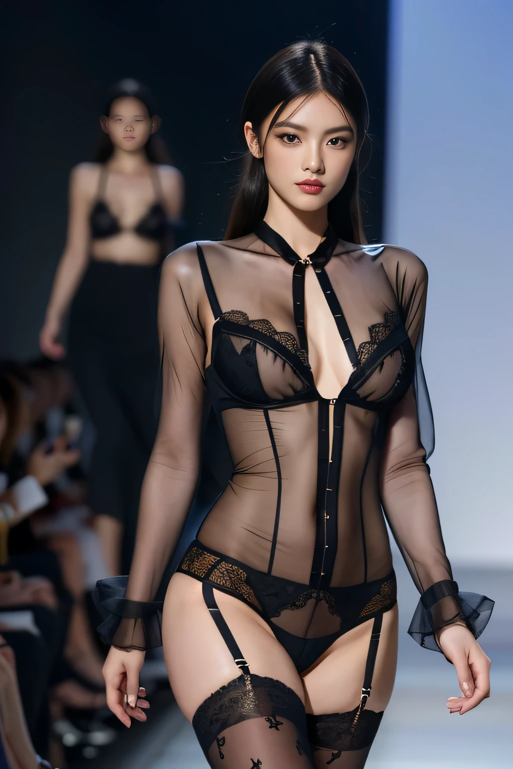 A woman in her fifties walking down the runway in black lingerie, thin, On the runway,{{{ thin black lingerie:, {{Boobs See through}}}}, Very beautiful goth top model, {Very cute model, Fashion Show}, {{See-through,Lace Lingerie}}, attractive runway model, Revealing clothing, Catwalk photo, See through, {{The nipples on my chest are see through,Tight dress}}, Walking the catwalk, Fashion Model