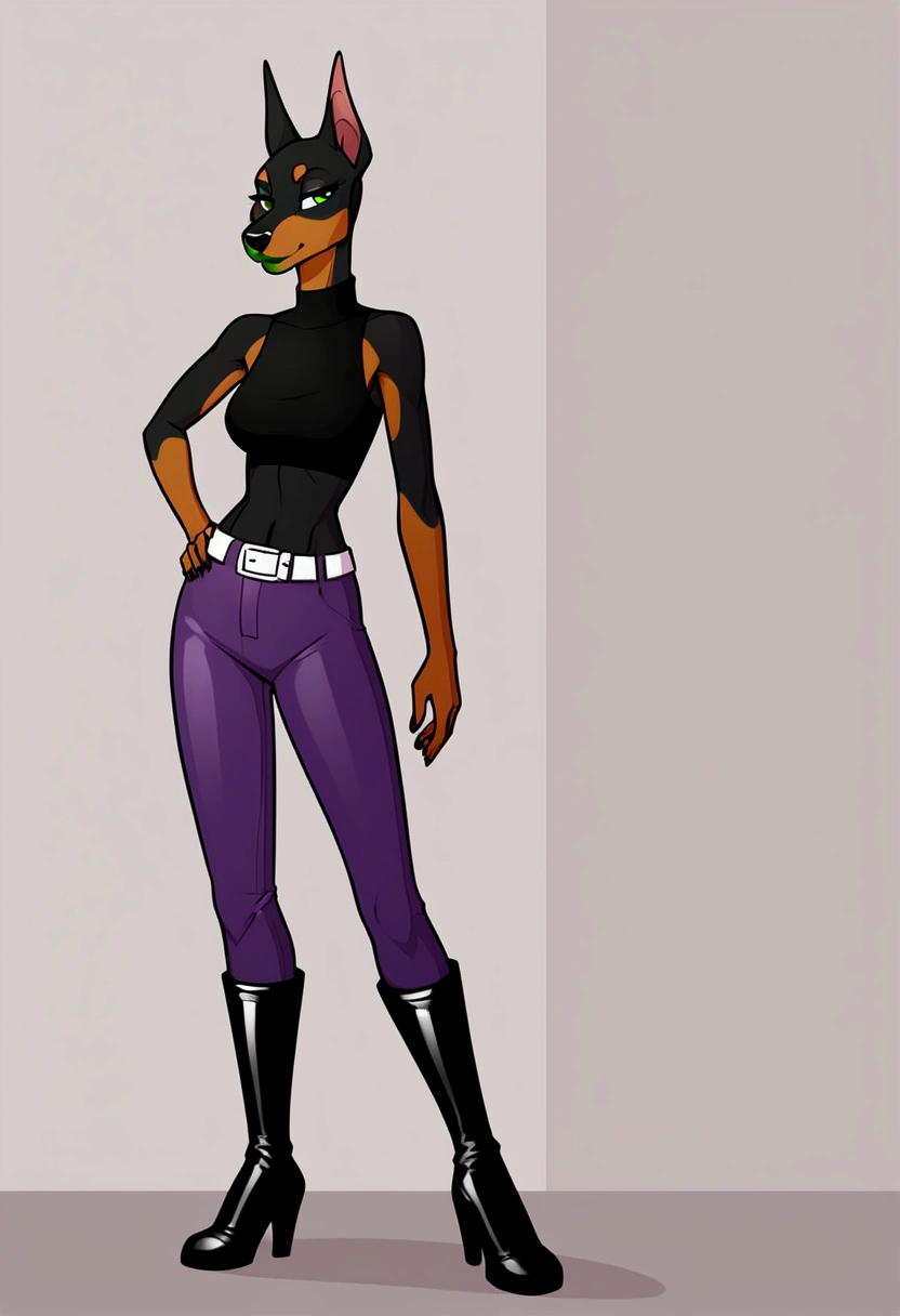 Ultra quality, Stylized comic style, vivid colors, female anthropomorphic Doberman, she have a green eyes, and she has a beautiful Doberman face, she have dark green lips, Shes wearing a black sleeveless turtleneck and purple pants, and she has black boots, She is wearing a white belt, Shes is slim and tall, full image body character view.