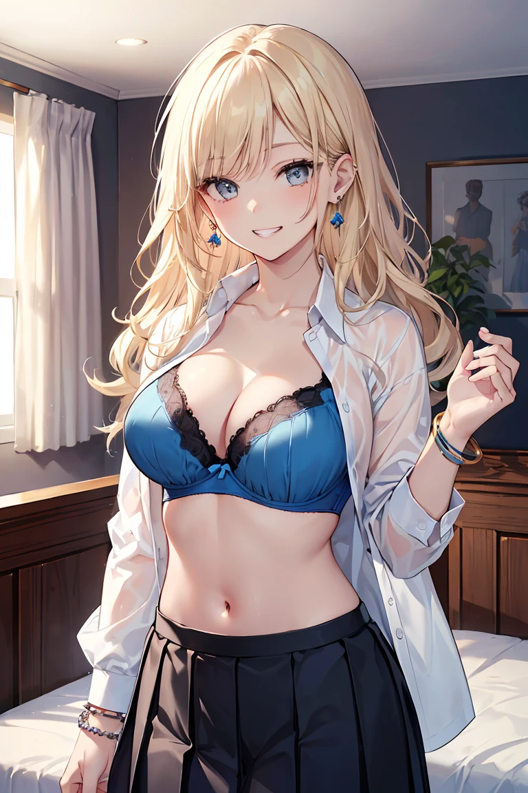 ((masterpiece、Highest quality、Very detailed))、One Girl、Improve、blonde、Long Hair、Wavy Hair、Grey Eyes、Wicked Smile、((Grin))、Pink Lips、((there are a lot of earrings))、Large Breasts、((White shirt))、((Open clothes))、((Open shirt))、((Blue Bra))、((Black pleated skirt))、bracelet、Cowboy Shot、((I had already finished))、Bedroom Background