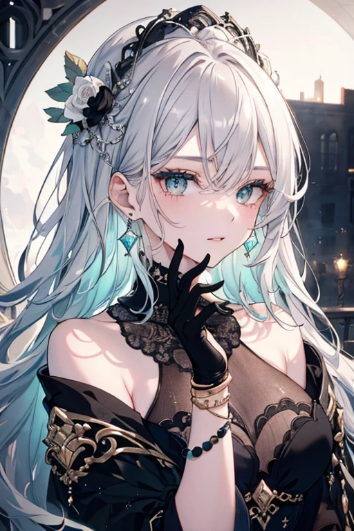 High resolution RAW color art, animation,Sculpture, Silver Marble Skin, (((Highly detailed elegant))), Magical atmosphere, Detailed skin, texture,(Exquisitely crafted, The finer details, Ultra-detailed art), Depth of written boundary, Silky Touch, Hyper Detail, White Background, (Black geometric shapes), Beautiful Eyes, Elegant face, Sunset sky,, Ivory Rose, eye shadow、(Highest quality:1.2, High detail, masterpiece:1.2, Best aesthetics), (1 Girl), Beautiful woman, Beautiful attention to detail, Beautiful lip detail, Highly detailed face, Delicate depiction of hair and eyes, Detailed Fashion, Aqua Eye, Earrings, Big Breasts,Full body portrait, ,Focus on the user, Bare legs, Black nails, Black off-the-shoulder, Black shorts, Gray Hair, Gold bracelet, Long Hair, Light blue inner hair、Hair