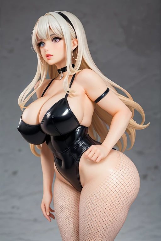 figuré of Best quality, solo young girl, giant breasts, giant ass, very curvy, blonde styled hair, pink eyes, full lips, seductive, ribbon in hair, choker, sexy fishnet bodysuit, silver hoops, thick thighs, curvy physique, wide hips and round ass, gigantic breasts larger than her head,