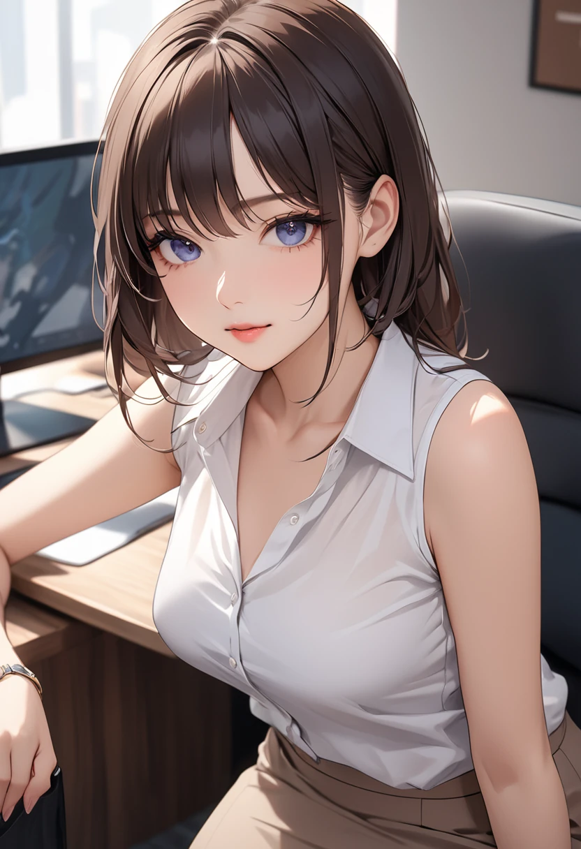 (((masterpiece))),(((High resolution)))、(((8K quality)))、(((Perfect Face)))、(((Beautiful office lady))), ((No sleeve)), tights, skirt, Looking at the camera, ((Top quality eyes)), Detailed face, (Detailed Texture), Looking at the camera, big
