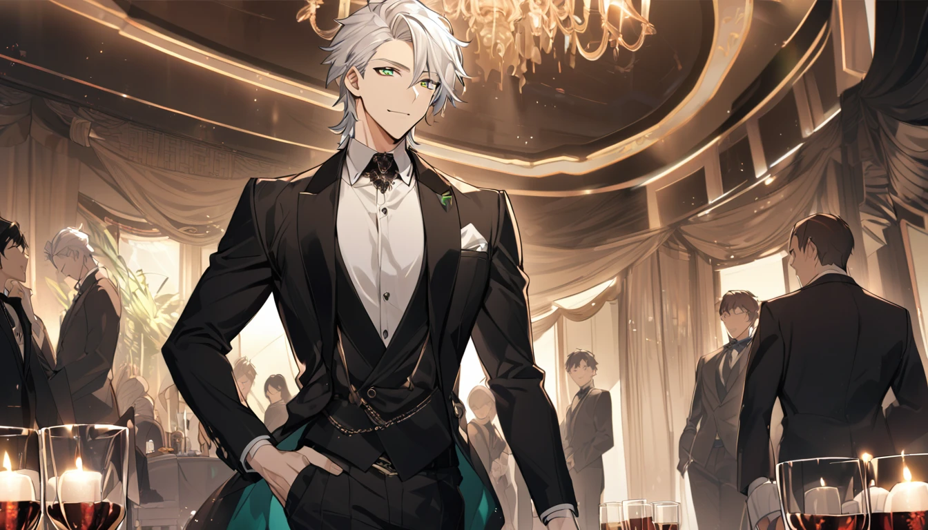 1 boy, male focus, Intricate details, 1 man, handsome, white hair, vibrant green eyes, slim muscles, anime, 19 years old, 19 years old, a small goatee,(the character is wearing an elegant black suit, inside a high class party, he would be with a thin glass of champagne in his hand
)