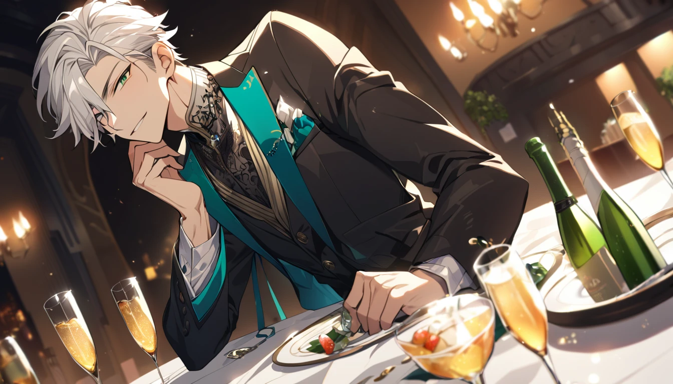1 boy, male focus, Intricate details, 1 man, handsome, white hair, vibrant green eyes, slim muscles, anime, 19 years old, 19 years old, a small goatee,(the character is wearing an elegant black suit, inside a high class party, he would be with a thin glass of champagne in his hand
)