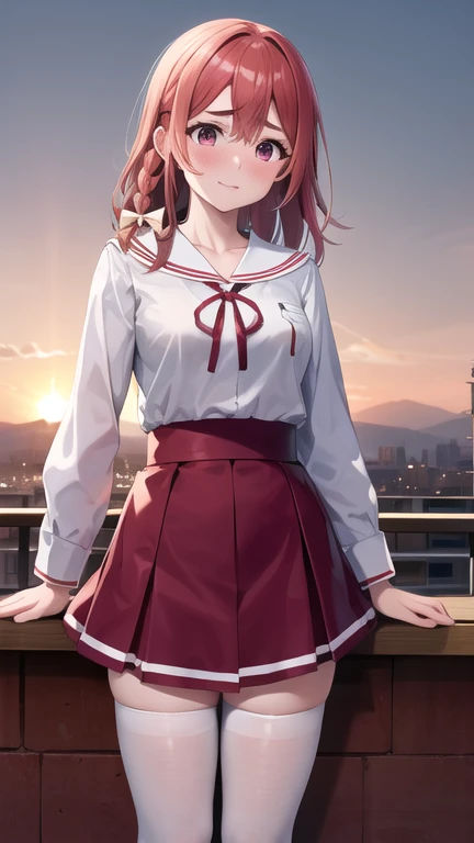 masterpiece, best quality, highres, aasumi, long hair, single braid, hair bow, serafuku, sailor collar, neck ribbon, red ribbon, white shirt, long sleeves, red skirt, pleated skirt, white thighhighs, sunset, rooftop, standing,