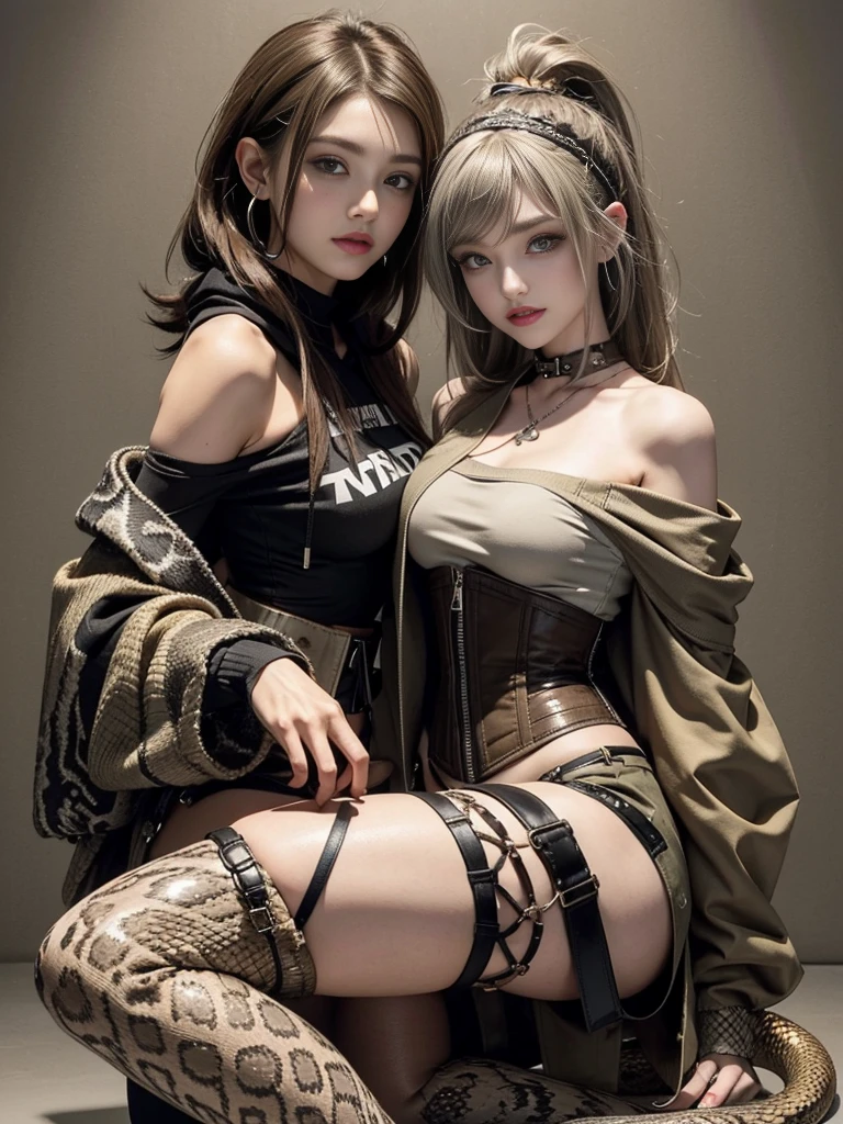 (Smiling with teeth showing:1.3),(Shibuya Gal:1.5)、(Beautiful:1.5)、(Neo-goth fashion:1.5)、(Punk RockVisual Kei:1.5)、(An off-the-shoulder hoodie in khaki and brown with delicate silver accessories.:1.5)、(A corset with a delicate beige and brown design:1.4)、(Dark grey, khaki and brown snakeskin bodysuit:1.5)、(Snake print headband:1.3)、(Beige and charcoal knee socks:1.4)、Embellished collar and long boots、(I'm selling snake print underwear.:1.4)、(Long eyelashes:1.3)、(20-year-old)、((Highest quality、8k、masterpiece:1.3))、1 Female、Slim and beautiful abs:1.3、(hairstyle casual、Beautiful boobs:1.1)、(Doing an aerobics pose:1.3)、dress:1.1、Super small face、Narrow eyes、double eyelid、A sloppy smile、Esbian all over、Dynamic Angle、Close-up、CPL Filter、Blurred Background、Bokeh、Blue Hour、Detailed face and skin texture、Detailed eyes、,(Twin tails:1.3)、(Black brown hair:1.3)、Gravure idol、(The background is a glamorous dance hall:1.3)、(Make your legs thinner:1.4)、(Slim body:1.3)、(clavicle:1.1)