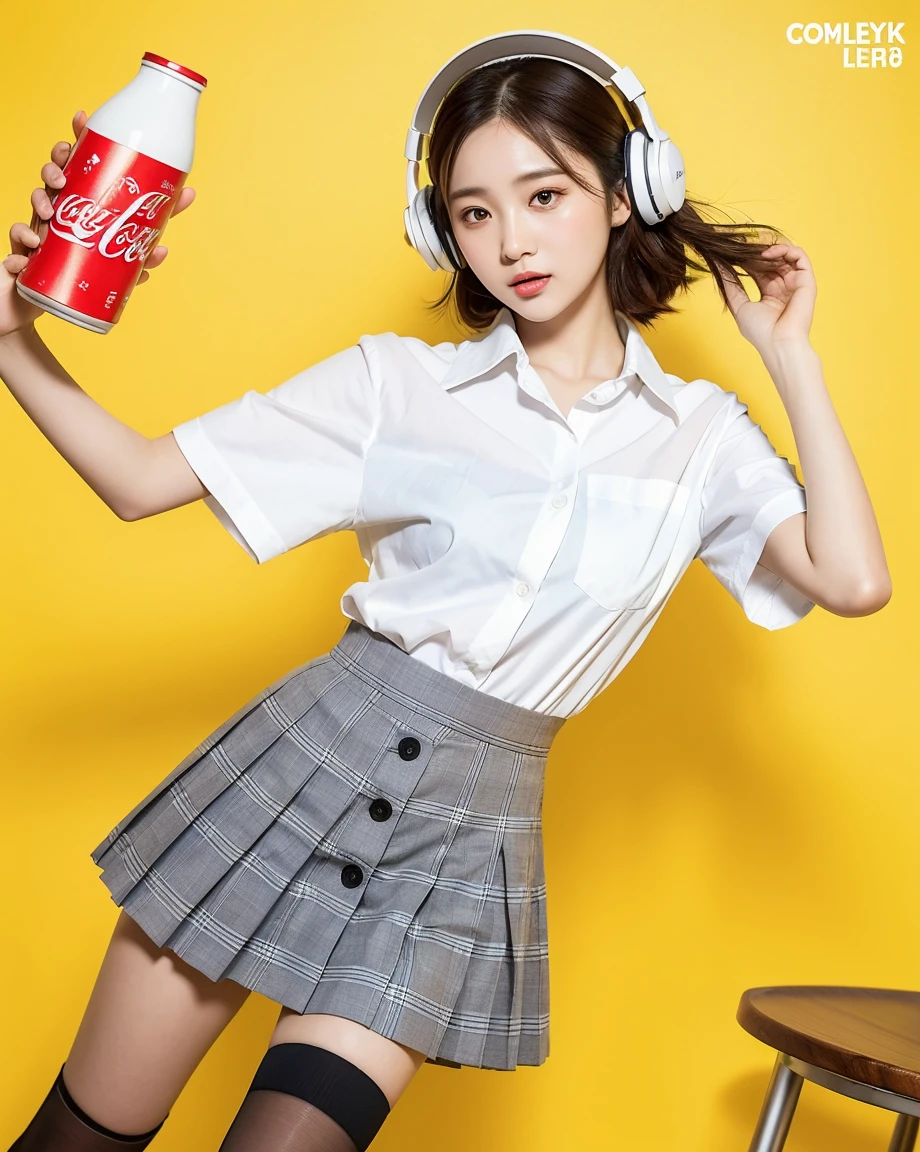 Realistic, 8K, masterpiece, RAW Photos, Highest quality, Realistic, 非常に詳細な CG Unity 8K 壁紙, Written boundary depth, Cinematic Light, Lens flare, Ray Tracing, Perfect lighting,short hair, (Delicate skin), (Delicate face), (Pop Background :1.1), person standing and watching、Comical movement,1 female、Headphones,(Yellow background),Modern Style,Artistic,moving composition,Unique Pattern,Bold Texture,colorful,Imaginative,Whimsical,Vibrant,like々Shii,Playful,Lively,creative,Expressive,stylish,tendency,One Girl,Eating pizza、Coca-Cola Poster、Lemon on the background,BREAK (school uniform:1.2), ((loose style, tucked out tops):1.2), (fusion of oversized white tunic and white collared-shirt with untucked:1.4), (short sleeve:1.3), (button-up:1.4), (black and gray plaid pattern pleated mini skirt:1.2), (thigh skin:1.4), (socks:1.2), (loafers:1.1),
