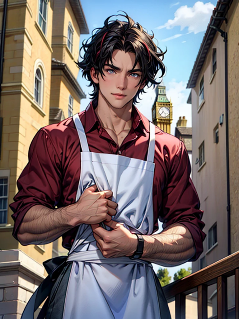 man, 32 years, mostly black hair with wine red highlights, semi marked jaw, noticeable muscles, well-formed pectorals, both eyes amber, wearing an elegant suit with a medical large apron , I would be looking out of a balcony of a building and in the background I would see a clock tower like the Big Bang in London., well drawn hands, well drawn body.
