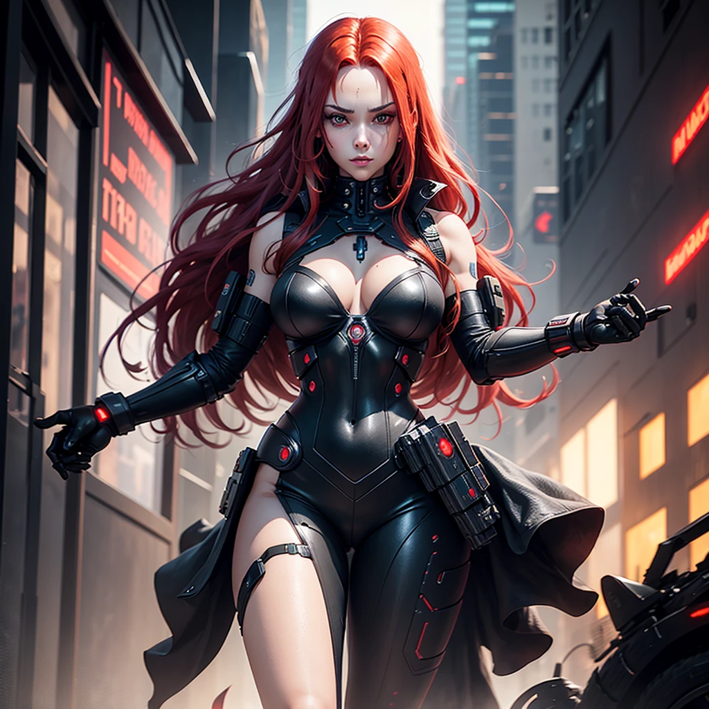"Fantastic cyberpunk style. Beautiful cyborg girl with long red hair, dressed in a black android suit with a cleavage and small red details, stands vertically in front of the camera. Her hands are behind her back. The girl's face is sweet and kind, She looks into the lens with a playful, with a slightly flirtatious look and a slight smile. Neon lighting from red lamps, Dark night city background, night time, night, dark, twilight, with red flashes, creating an atmosphere of slight sadness. Shooting angle from below, almost from ground level. Primary colors - black and red."
