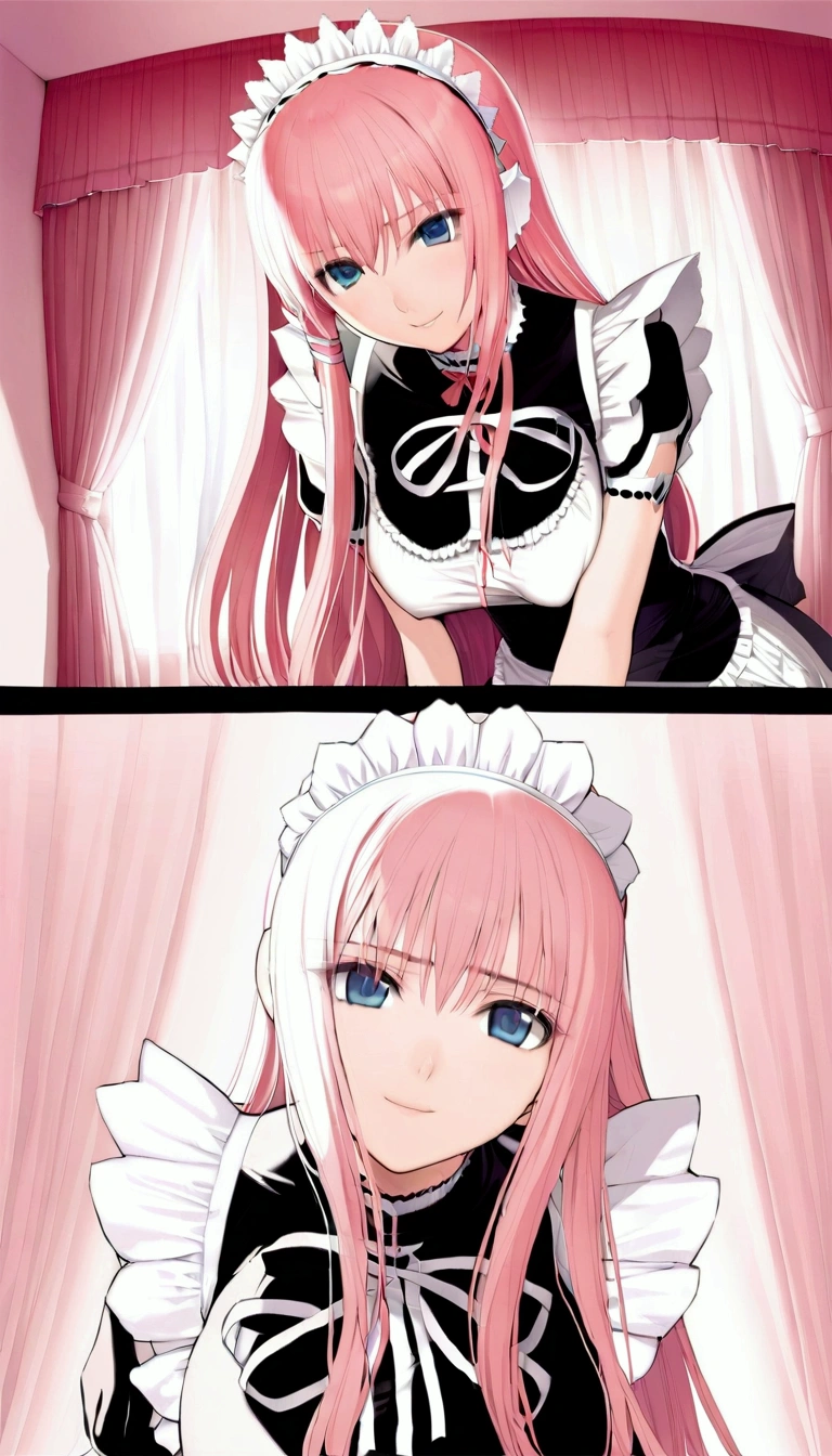 (((Browsing Caution:1.5))),{{Masterpiece:1.5}},{Detailed and beautiful depiction 1.5},Official Art,Beautiful adult woman ,Megurine Luka,Pink long hair,blue eyes,Large Breasts,Erotic smile temptation,Maid clothes,bedroom