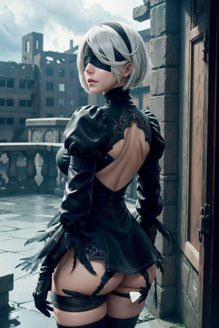 2B Nier Automata,Bobcut, Gray Hair,Long sleeve, Juliet Sleeve, White gloves, turtleneck, bangs, Feather ornament, Feather ornament sleeves, Blindfold, Black Goth Dress,Beautiful back view,Japanese Ultra HD,super high quality,masterpiece,Digital SLR,Photorealistic,Detailed details,Vivid details,Depicted in detail,A detailed face,Detailed details,Super Detail,Realistic skin texture,Anatomical basis,Perfect Anatomy,Anatomically correct hand,Anatomically correct fingers,Complex 3D rendering,Sexy pose,Rainy Sky,Beautiful scenery,Fantastic rainy sky,Fantasy worldview,Picturesque,Pink Lips,Black butterfly々Fluttering,A ruined world,A devastated battlefield,ruins,