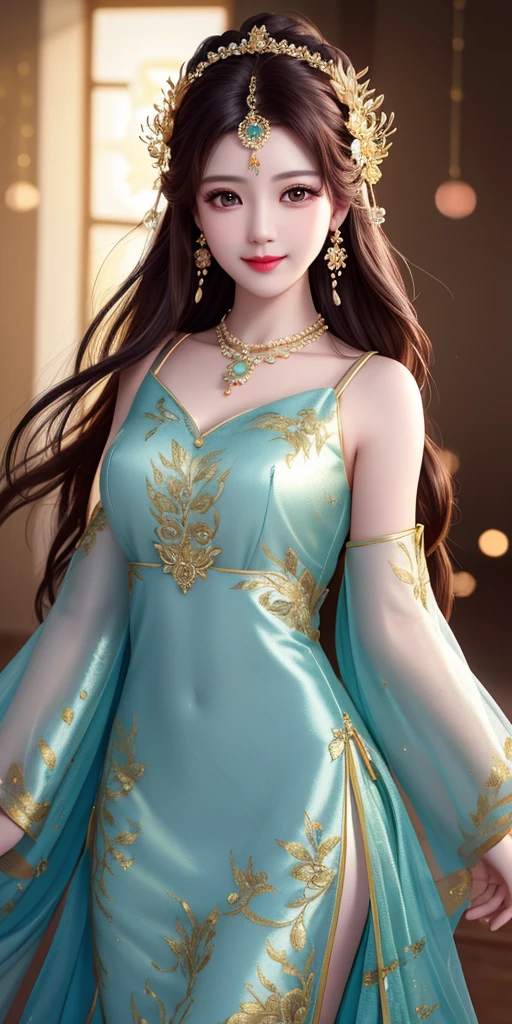 best quality, masterpiece, highres, 1girl, transparent silk china dress, beautiful face, hair ornament, looking at viewer, smile, closed mouth,lips, dress,hair ornament, necklace, jewelry, long hair, earrings, Beautiful face,upon_body, tyndall effect,photorealistic, dark studio, rim lighting, two tone lighting,(high detailed skin:1.2), 8k uhd, dslr, soft lighting, high quality, volumetric lighting, candid, Photograph, high resolution, 4k, 8k, Bokeh