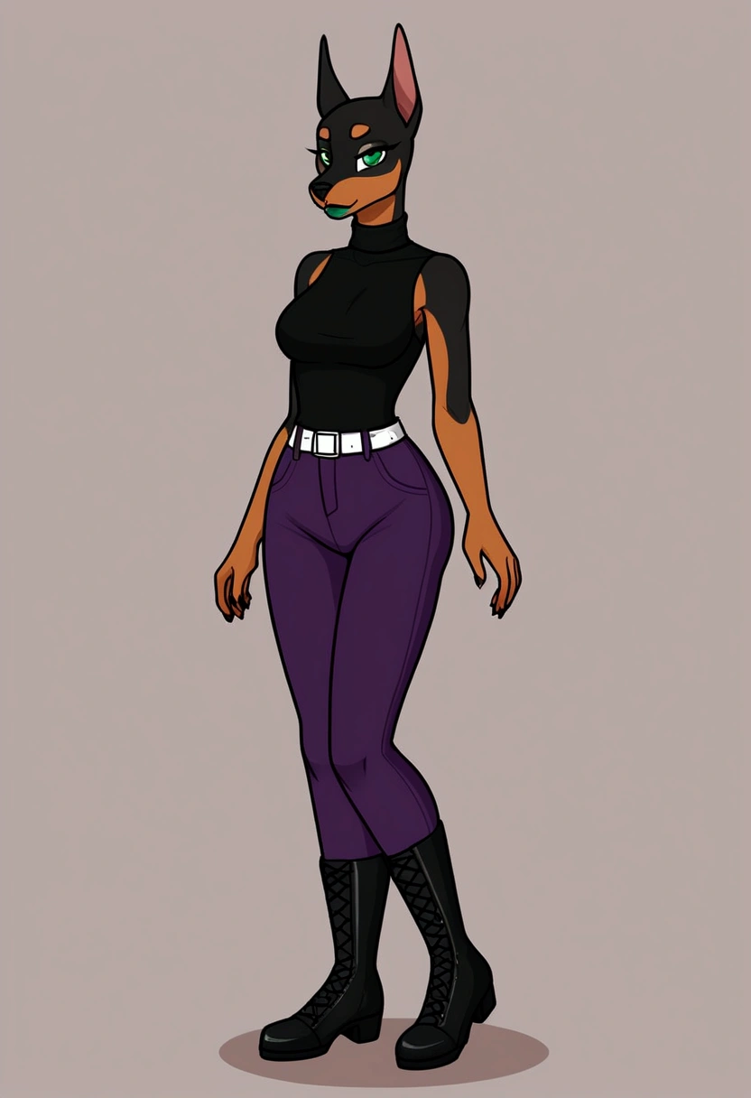 Ultra quality, Stylized 2D style, vivid colors, female anthropomorphic Doberman, she have a green eyes, and she has a beautiful Doberman face, she have dark green lips, Shes wearing a black sleeveless turtleneck and purple pants, and she has black boots, She is wearing a white belt, Shes is slim and tall, full image body character view.
