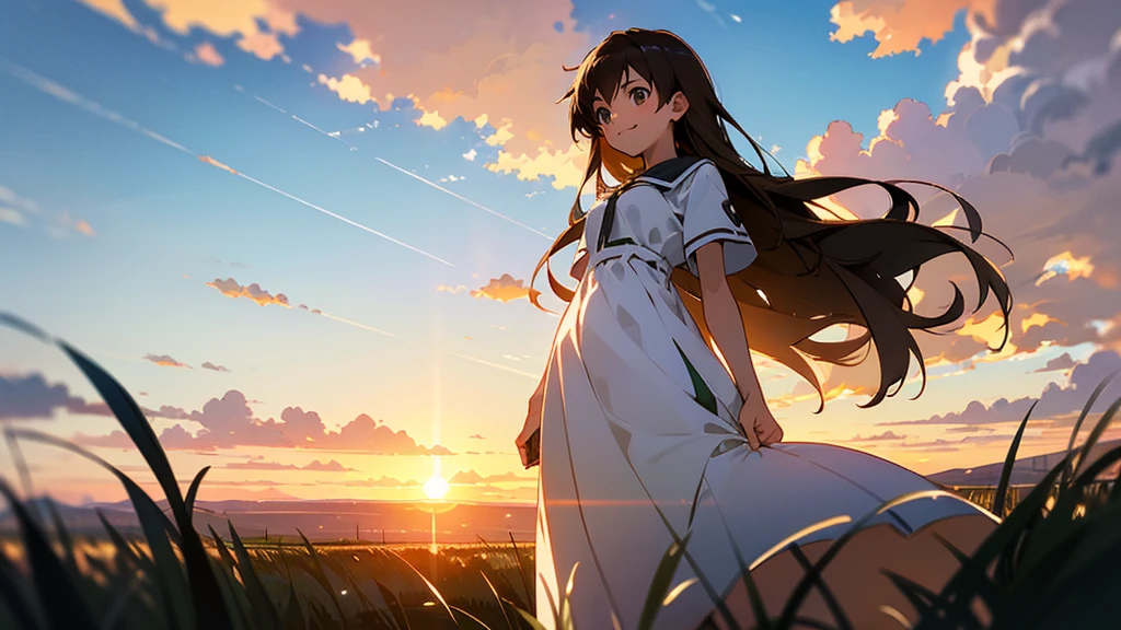 Vast landscape photography、grassland、(View from below、Shows the sky above and below)、High resolution、Highest quality、Very detailed、makoto shinkai、sunset、Girl in white dress looking sideways、smile、College student with long brown hair、Lens blur