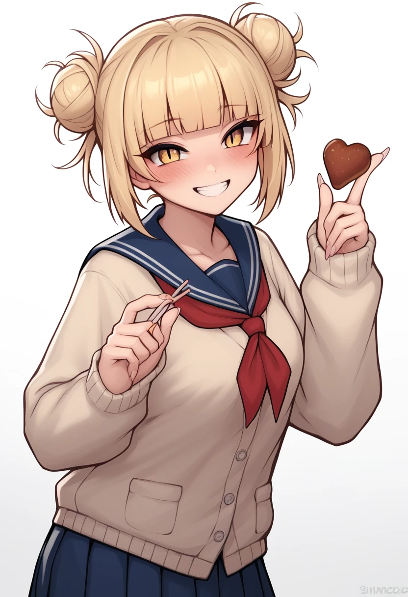 Two heads, conjoined, masterpiece, best quality, r-e-l-o-a-d, camonome, sincos, t0g4vx, 1girl, blonde hair, blue sailor collar, blue skirt, blunt bangs, blush, cardigan, double bun, fingernails, food, hair bun, heart, long fingernails, long sleeves, looking at viewer, messy hair, neckerchief, pleated skirt, red neckerchief, sailor collar, , short hair, skirt, sleeves past wrists, slit pupils, smile, solo, sepia cardigan, yellow eyes, white background, ass, simple background