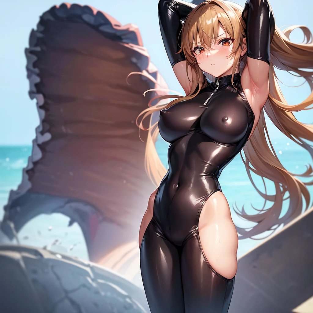 Asuna、STAR。Big Breasts。Big Mouth。Naughty beauty。
Naughty black rider suit。Front zipper。
Sweat-soaked skin。Shiny clothes。
Emphasizes the lewd body line。Enhances nipple line。
Free Pose。Tears and anger。looking at the camera。
Late night on a windy hill。
super high quality。Ultra-high resolution。Low depth of field。