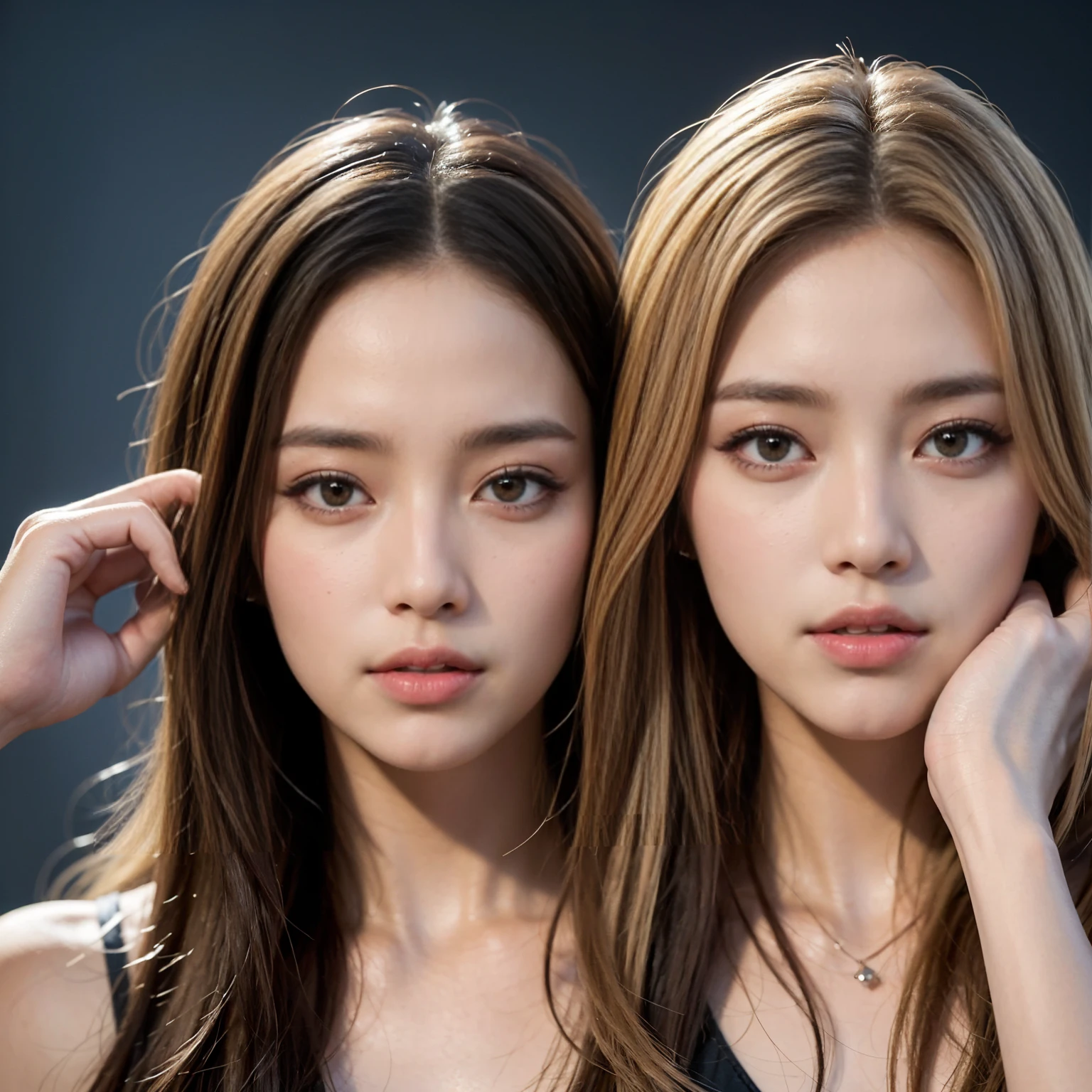 (in 8k, Photo brute, best quality, masterpiece:1.2), fille, 20 ans, visage, a beauty, Korean Asian, forme du visage très fin, Korean Face, asian layered hair color caramel, Longhaire, aspect jeune, visage fin, très joli visage, very sexy, visage de mannequin, Very attractive, refined face, sexual, regarder le spectateur, (La plus haute qualité, 16K, masterpiece:), Biologically correct human, detailed faces, Detailed lips, detailed eyes, yeux scintillants, realistic students, Pupilles claires, Outside, emplacement, elegance, light on the face, lumière d'ambiance, backlight, summer, cinematic aspect, profondeurs de champ profondes, blurred background